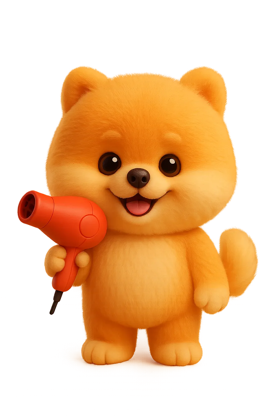 PetMetic-Maskottchen - Zwergspitz mit Föhn